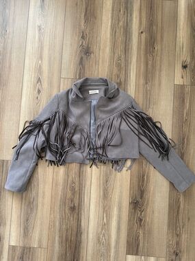 Cropped Fringe Leather Jacket in Gray